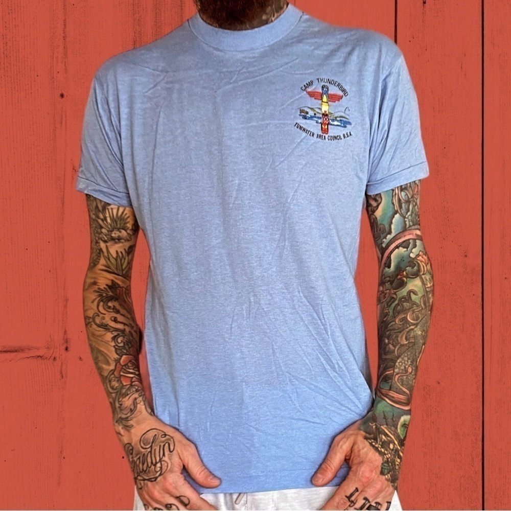 Vintage baby blue screen stars made in USA native camp t shirt fits men’s L